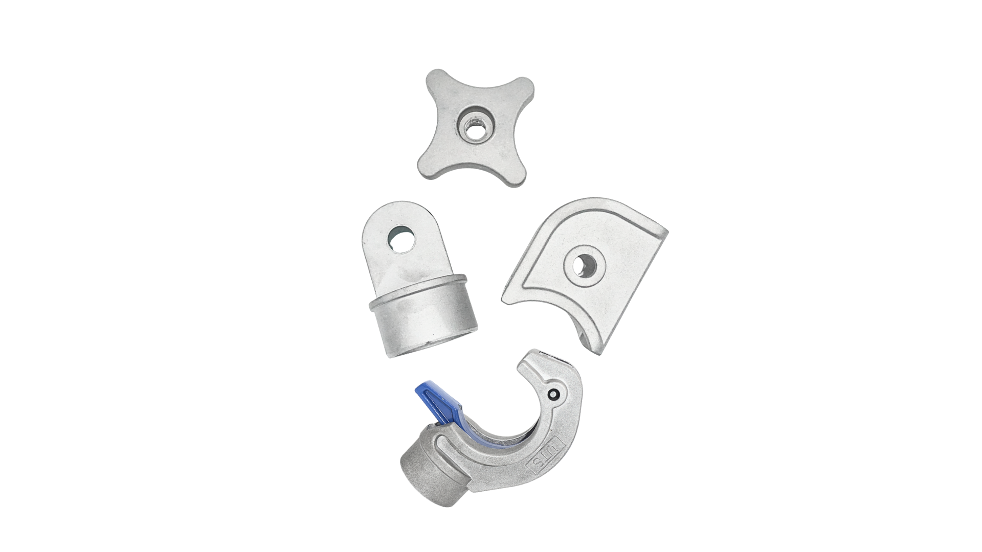 Aluminium die cast scaffolding fittings — tube end caps, couplers and a quick-release clamp