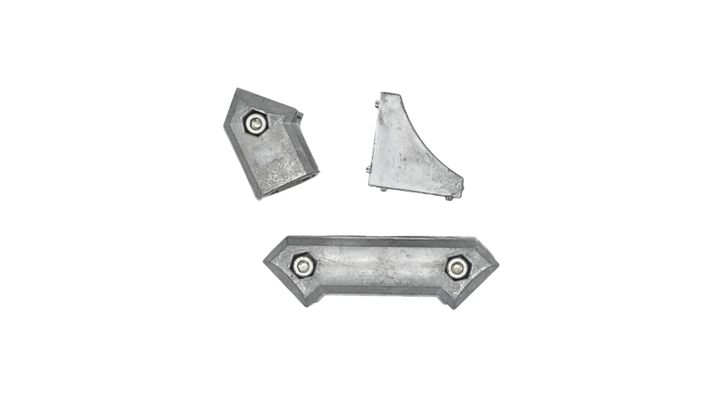 Die cast aluminium corner brackets and a joining plate with fitted hex bolts