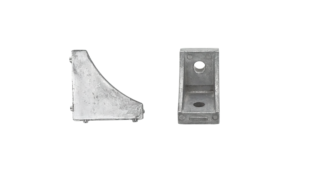 Die cast aluminium gusset bracket seen from the side and from the bolt face