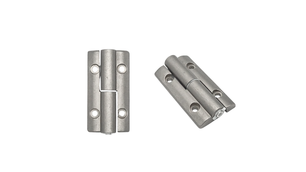 Pair of die cast aluminium door hinges with countersunk screw holes, open and closed
