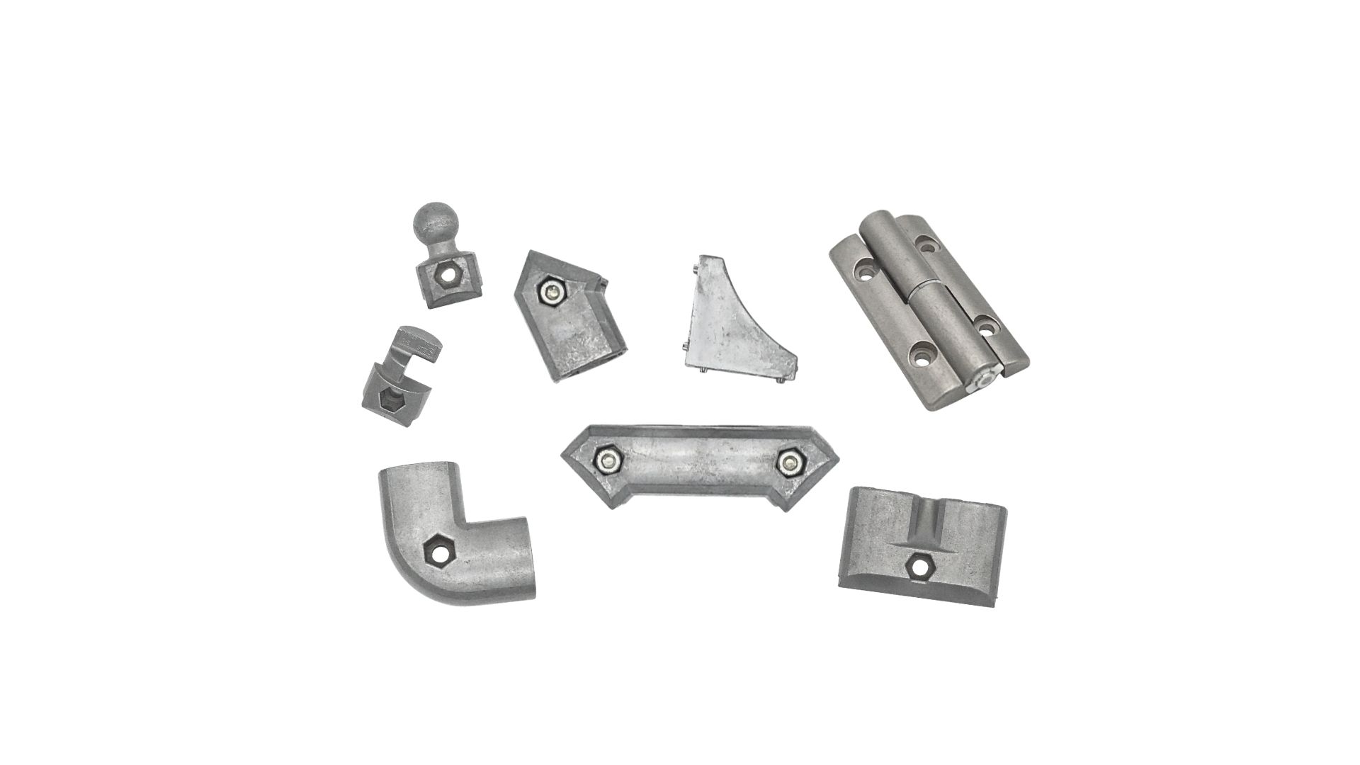Die cast aluminium hinges, pipe elbows, corner joints and motor covers for home and factory fittings