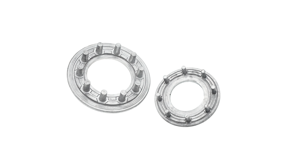 Two die cast aluminium fan motor mounting rings with integral pins, in different diameters