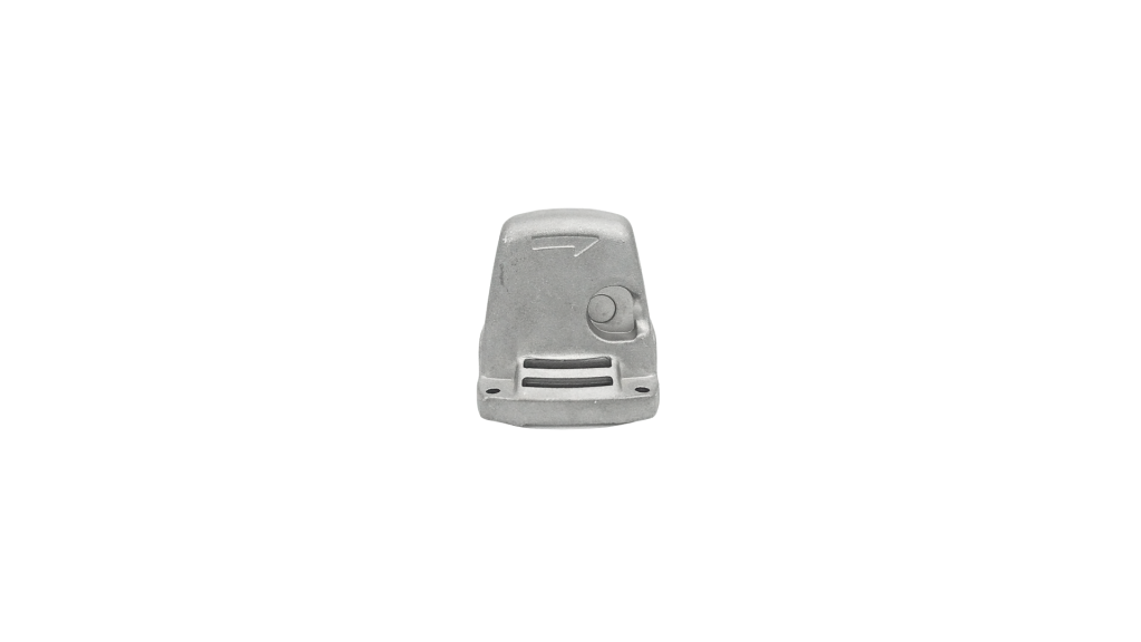 Small die cast aluminium power tool cover with vent slots and moulded arrow marking