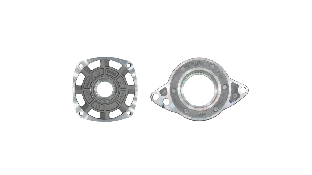 Two machined aluminium motor bearing flanges, one square and one two-bolt oval