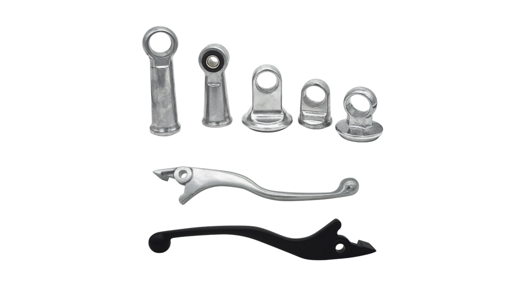 Cast aluminium motorcycle brake levers and handlebar clamp bodies in raw and black finish