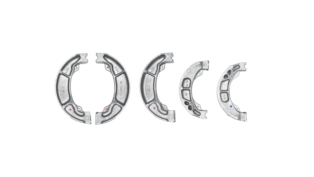 Five sizes of die cast aluminium motorcycle brake shoes with ribbed backing