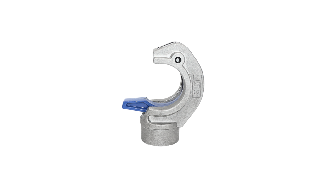 Cast aluminium scaffold coupler head with blue locking latch and tube socket