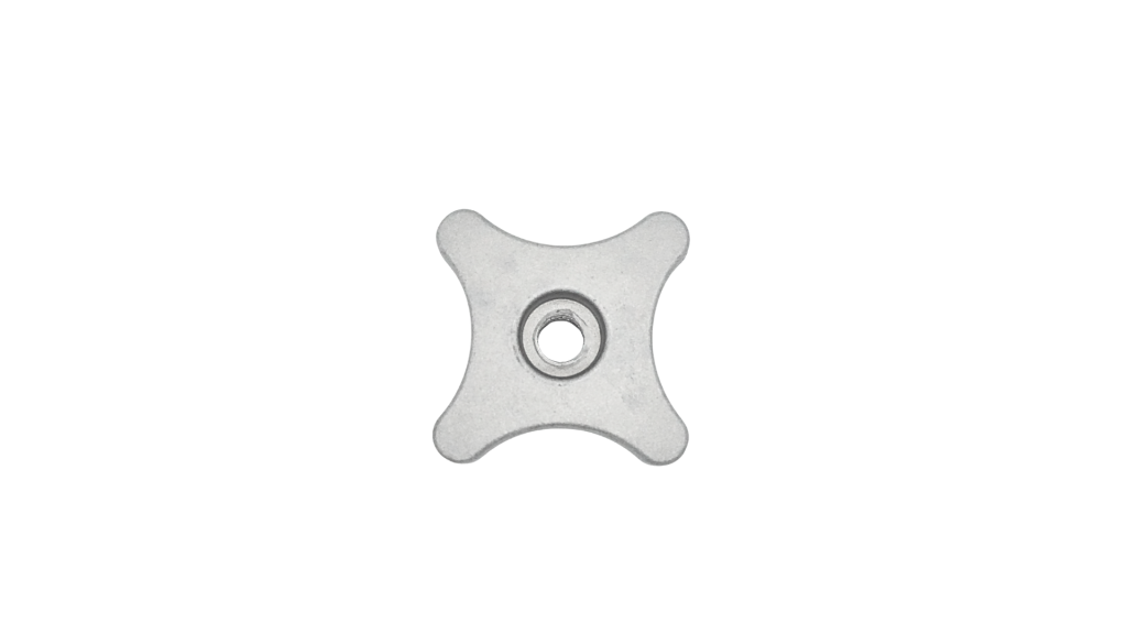 Four-point die cast aluminium wing nut with threaded steel insert for scaffold fittings